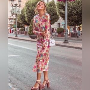 ZARA Floral Sheer Sequin Mesh Midi Dress – Long Sleeve | Like New